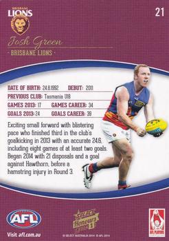 2014 Select AFL Honours Series 1 #21 Josh Green Back
